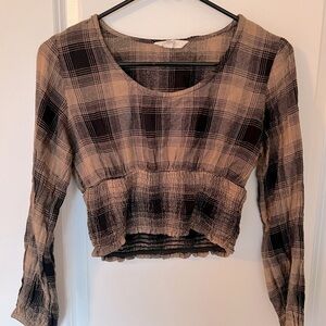 Sim & Sam Black & Tan Plaid Smocked Waist Cropped Blouse